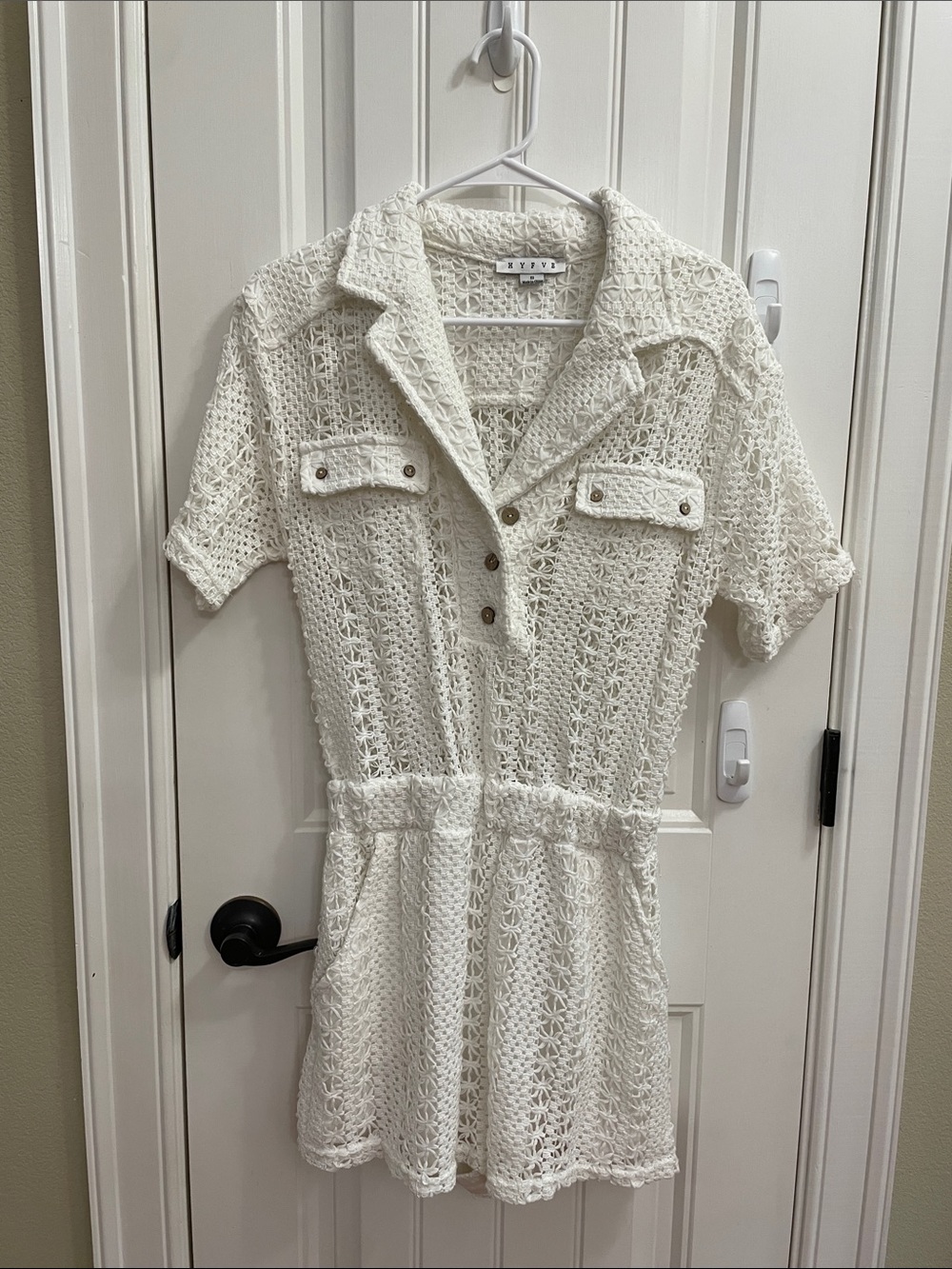 HYFVE -White Crochet Romper with Notched Collar Size Small